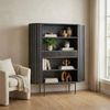 Bücherregal Massivholz Mango 105x122 cm Lamellen Design Schwarz - Offenes Standregal mit Schublade - Stauraumregal Metallbeine - Wohnregal Wohnzimmer - Kleiner Schrank Regal Handmade Bild 3