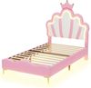 90*200cm Flaches Doppelbett, kronenförmiges Prinzessinnenbett, weiche Polsterung aus PU-Leder, verstellbarer LED-Umgebungslichtstreifen, Rosa Bild 5