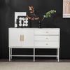Merax Kommode, Sideboard mit zwei Türen und drei Schubladen, goldene Griffe in verschiedenen Designs und Metallfüße, Maße: B120/W32/H80, weiß Bild 2