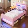 Merax Polsterbett Einzelbett 90x200cm mit Led, Kinderbett mit Schublade und zweistufiger Treppe, Kinderbett mit Rausfallschutz, PU, Rosa Bild 5