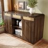 Merax Kommode Sideboard 120cm Nussbaum, Schubladenschrank mit Rattan & Goldgriffen, 3 Schubladen + 2 Schränke + offenes Regal, Höhenverstellbare Einlegeböden Bild 3