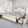Einzelbett 140x200 cm mit LED-Beleuchtung, Stauraum-Schubladen & Ladefunktion,weißes Samtbett mit Kopfteil und USB/Typ-C/Steckdose Bild 3