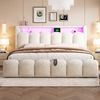 Polsterbett 180*200, Ausgestattet mit hydraulischer Staufunktionund Stauraum im Kopfteil, Doppelbett, Samtstoff,mit USB- und Typ-C-Anschlüssen, mit LED, weichem Samtstoff und Blütenblattdesign,Beige ( Bild 2