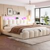 Polsterbett 180*200, Ausgestattet mit hydraulischer Staufunktionund Stauraum im Kopfteil, Doppelbett, Samtstoff,mit USB- und Typ-C-Anschlüssen, mit LED, weichem Samtstoff und Blütenblattdesign,Beige ( Bild 3