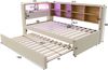 Ausziehbett 90/190×200 cm mit LED, Stauraum und Ladeanschlüssen, Beige, ohne Matratze Bild 5