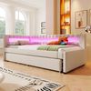 Daybett, Tagesbett Schlafsofa Bett mit LED-Fernbedienungslichtleiste am Bettende Bett mit Ausziehbett ohne Matratze USB + TYPE-C, Leinen, Beige, 90 x 200 cm Bild 4