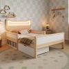 Flieks Kinderbett flexible Schublade & Staufach links/rechts montierbar, Massivholzbett 90×200 cm mit Katzenohren Kopfteil und LED‑Beleuchtung Bild 3