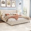 Leinen Polsterbett mit Knopf-Tufting und Nieten-Dekor, 140x190 cm, Beige, ohne Matratze Bild 4