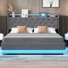 Merax LED Polsterbett 160*200 cm mit USB-Ladeanschluss und Hydraulischer Lagerung, Hautfreundlicher Leinenstoff Grau Bild 2