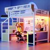 Metall-Hochbett 140 × 200 cm, Mit Schreibtisch, Regal und Aufbewahrungsnetz, Komplett Mit Sicherheitsleiter, LED-Beleuchtung und Steckdose, Erhöhtem Geländer, Weiß Bild 3