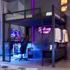 Merax Hochbett Kinderbett 140 x 200 cm Jugendbett Metall-Spielhochbett mit USB, LED, Schreibtisch, offenem Kleiderschrank und 3 Wäscheschubladen, schwarz Bild 2
