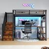 Hochbett, 90 x 200 cm, Eisenrahmen, Lagerregal, Hängendes Gitter, LED-Lichtleiste, Schreibtisch, Treppenkonstruktionen mit Stauraum,mit 2 USB-Anschlüssen und 1 Typ-C-Buchse, Ohne Matratze, schwarz Bild 5