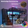 Hochbett, 90 x 200 cm, Eisenrahmen, Lagerregal, Hängendes Gitter, LED-Lichtleiste, Schreibtisch, Treppenkonstruktionen mit Stauraum,mit 2 USB-Anschlüssen und 1 Typ-C-Buchse, Ohne Matratze, schwarz Bild 2