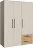 Forte MOKKARIS Kleiderschrank 140 150, moderner Drehtürenschrank, 3-türig, 2 Schubladen, Holzwerkstoff, Kaschmir Beige mit Artisan Eiche Holzdekor, 144,4 cm breit x 200,1 cm hoch x 58,8 cm tief Bild 2