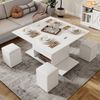 KLAM HOME Couchtisch Höhenverstellbarer Couchtisch Mit Anhebbarer Tischplatte Und Stauraum (Multifunktionaler Wohnzimmertisch In Weiß Mit 4 Integrierten Hockern), Moderner Esstisch Und Arbeitstisch 100x100cm Bild 5
