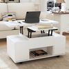 KLAM HOME Couchtisch Höhenverstellbarer Couchtisch Mit Anhebbarer Tischplatte Und Stauraum (Multifunktionaler Wohnzimmertisch In Weiß Mit 4 Integrierten Hockern), Moderner Esstisch Und Arbeitstisch 100x100cm Bild 3