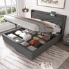 Polster-Doppelbett 180x200 cm aus Baumwolle-Leinen Stoff mit Stauraum-Bettkasten, USB & Typ-C Ladefunktion am gepolsterten Kopfteil, Lattenrost inklusive, Grau ohne Matratze Bild 2