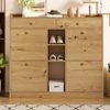 Edler holzfarbener Schuhschrank mit 4 Klapptüren, 2 Schubladen, 3 offenen Fächern - perfekt für moderne Flure und Eingangsbereiche, Maße 110 x 26 x 100 cm Bild 4
