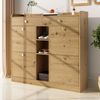 Edler holzfarbener Schuhschrank mit 4 Klapptüren, 2 Schubladen, 3 offenen Fächern - perfekt für moderne Flure und Eingangsbereiche, Maße 110 x 26 x 100 cm Bild 5