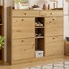 Edler holzfarbener Schuhschrank mit 4 Klapptüren, 2 Schubladen, 3 offenen Fächern - perfekt für moderne Flure und Eingangsbereiche, Maße 110 x 26 x 100 cm Bild 2