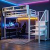 Hochbett 90x200 mit LED-Lichtleiste, Sicherheitsleiter und flexiblem Stauraum Metallbett Erwachsenenbett Kinder-Etagenbett Weiß Bild 5