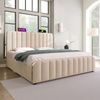 Merax 140*200 cm Polsterbett Doppeltes, gepolstertes Kopfteil mit goldenen Zierstreifen und ,USB Typ-C Ladefunktion, Leinen-Material mit 4 Schubladen (Ohne Matratze), Beige Bild 2