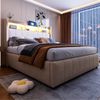 Merax Polsterbett 140*200cm mit LED-Beleuchtung und USB-Steckdose, Kopfteil mit Einlegeböden und Stauraum, Mit Hydraulik für die Lagerung, Erwachsenenbett Doppelt, Leinenstoff Beige Bild 2