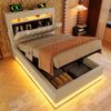 Polsterbett 90×200 cm aus Leinen-Stoff mit LED-Beleuchtung, Hydraulischem Stauraum & Matratze, beige Bild 2
