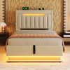 Polsterbett 90×200 cm aus Leinen-Stoff mit LED-Beleuchtung, Hydraulischem Stauraum & Matratze, beige Bild 3