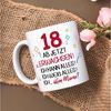 GRAVURZEILE Tasse mit Spruch - 18 ab jetzt erwachsen - Geschenk für Mädchen & Jungen, zum 18. Geburtstag - Geburtstagsgeschenk - Weiß Bild 3
