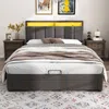 Polsterbett mit LED-Beleuchtung, Stauraum, Regal und Schubladen, Doppelbett, 140x200 cm, gepolsterter Kopfteil, Bezug aus Leinen Bild 2