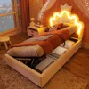 Prinzessinbett mit LED-Beleuchtung und Stauraum, 90x200cm, höhenverstellbarer Kopfteil, Mädchenbett, Polsterbett für Mädchen, Einzelbett Bild 2