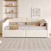 Polsterbett Sofabett, hydraulische Lagerung mit Lattenrost Armlehnen klassisch gestreiftes Design multifunktionales Einzelbett, Samtstoff, Beige, 90 x 200 cm Bild 4