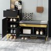 Schuhschrank mit Sitzbank 120 x 35 x 85 cm, aus MDF, teilweise Hochglanz in Schwarz mit Schublade und Türen Bild 4