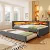 Daybett 140x200 cm Tagesbett Schlafsofa mit ausziehbarem Rollbett, LED-Fernbedienungslichtleiste, USB & Type-C Ladestation, Leinen, Grau Bild 3