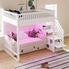 Odikalo Hochbett 140x200 Kinderbett Jugendbett mit LED, Stauraumtreppe (mit Sicherheitsleiter, Sicherheitsgeländer, Bettrahmen aus massivem Kiefernholz, LED-Lichtleiste, austauschbaren Sicherheitsleitern auf beiden Seiten, Kinderbett, Holzfarbe) Bild 2