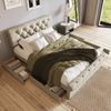 Merax Stauraumbett Polsterbett 140x200 Doppelbett aus Leinen mit Höhenverstellbares Kopfteil & 4 Schubladen Chesterfield Beige Bild 4
