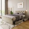 Merax Stauraumbett Polsterbett 140x200 Doppelbett aus Leinen mit Höhenverstellbares Kopfteil & 4 Schubladen Chesterfield Beige Bild 5