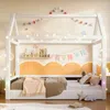 Hausbett mit Lattenrost und RGB LED-Lichterkette, 90x200cm, gepolstertes Kinderbett, Leinenbezug Bild 2