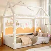 Hausbett mit Lattenrost und RGB LED-Lichterkette, 90x200cm, gepolstertes Kinderbett, Leinenbezug Bild 4