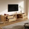 Merax TV-Schrank, mit gewölbten Einscheibensicherheitsglas-Türen, mit LED-Beleuchtung, Wohnzimmer Staurschrank mit Massivholzbeinen, Fernsehschrank mit vier Schub, Natur Bild 2