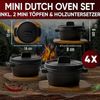 4er Mini Dutch Oven Set aus Gusseisen – mit Holzuntersetzern & Rezeptbuch, 300 ml Portionsgröße, für Grill, Backofen & Herd Bild 3