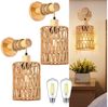 MUPOO LED Wandleuchte Vintage Innen Wandleuchte,E27 Retro Holz Wandlampe, Warmweiß Glühbirne, LED fest integriert, mit Rattan Lampenschirm,Handgewebte im Farmhouse - Stil Bild 5