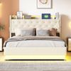 Merax LED Polsterbett 140*200 cm mit USB-Ladeanschluss und Hydraulischer Lagerung, Hautfreundlicher Leinenstoff Beige Bild 2