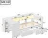 90x200 Holz-Plattformbett mit Ablageflächen, Schubladen, Ladestation und gepolstertem Kopfteil, Mit bunten LED-Leuchten, Weiß Bild 5