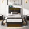 Polsterbett 90x200 cm mit Stauraum und LED-Beleuchtung – PU-Litschi schwarz mit integriertem USB-Ladeanschluss Bild 2