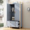 2-türiger Kleiderschrank, Kleiderschrank mit Kleiderstange, 2 Schubladen, für Schlafzimmer, Wohnzimmer, Flurgarderobe geeignet, aus Spanplatte, blauer Körper + Kieferrahmen, 90×45×180cm Bild 2