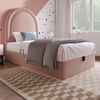 Kindereinzelbett 90×200 cm aus Samt-Stoff mit Matratze und Stauraum, rosa Bild 2