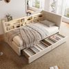 Daybett 90x200 cm mit 2 Schubladen, USB- & Typ-C-Anschlüssen, gepolstertem Leinenbezug und elegantem Knopfdesign, Beige Bild 2