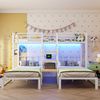 Etagenbett 90×200 cm mit 3 Schlafplätzen, LED, Stauraumtreppe und Schreibtisch, Weiß, ohne Matratze Bild 2